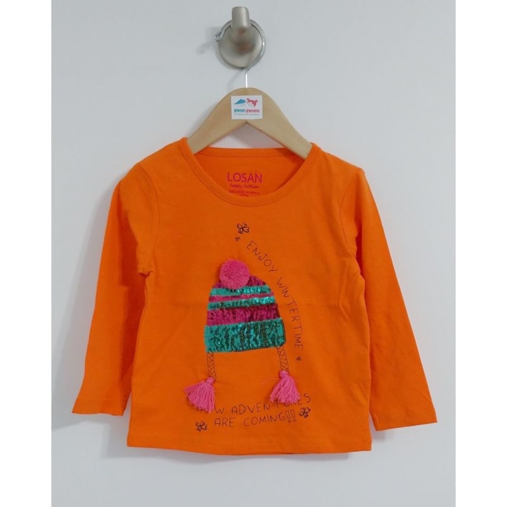 Vibrant Orange Kids Long Sleeve Tee with Sequin Hat Design - Picture 2 of 2